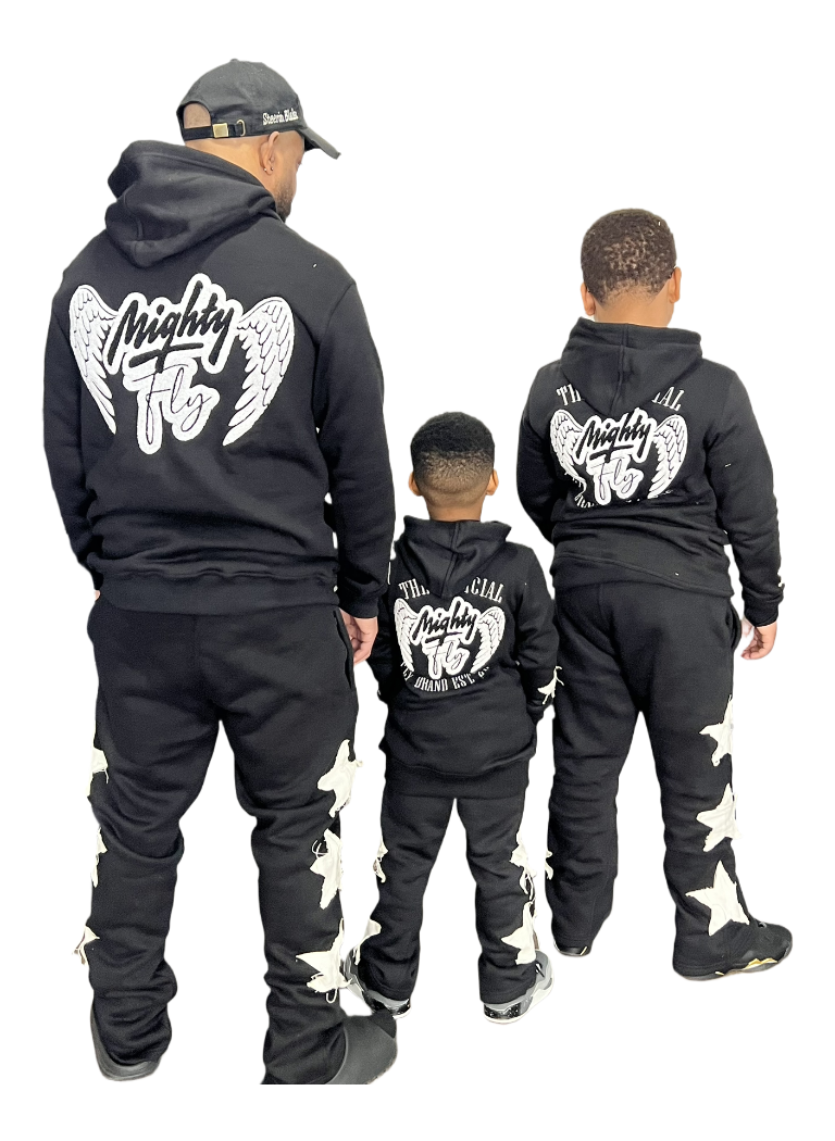 Black & White Mighty Fly Jogging Suit Chenille Logo w/Distressed Stars (Eagle Design)