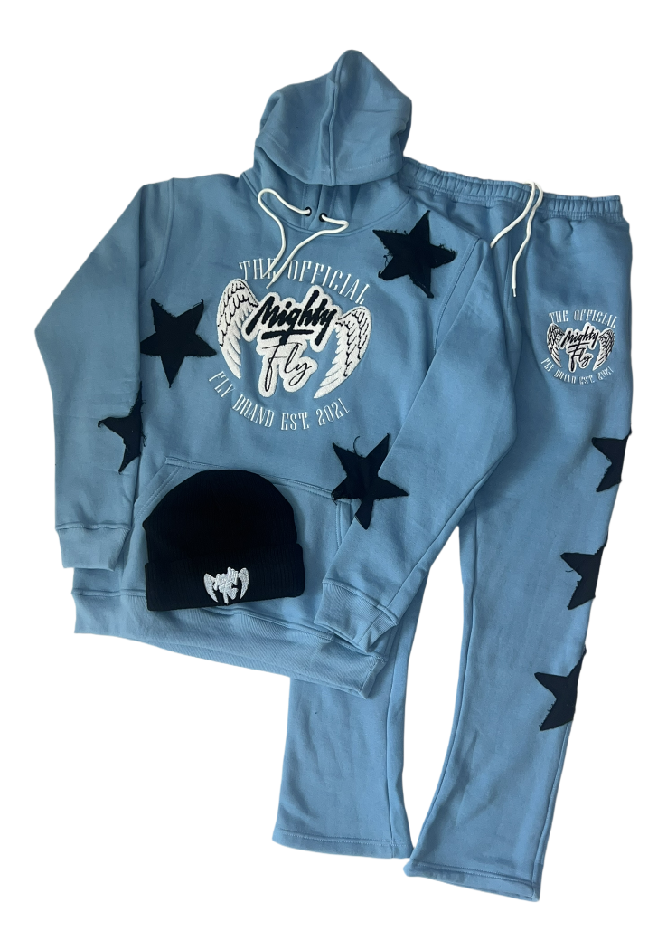 Baby Blue & white Mighty Fly Jogging Suit Chenille Logo w/Distressed Stars (Eagle Design)