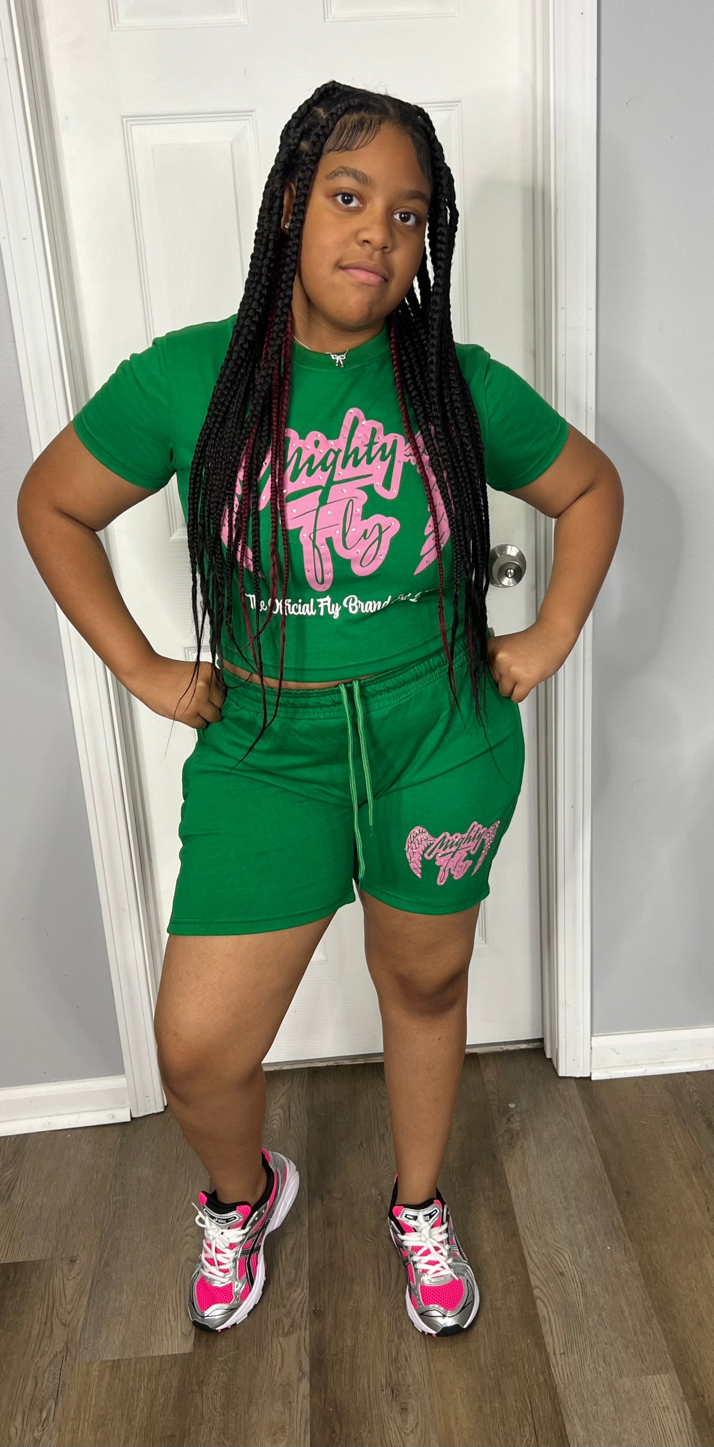 Mighty Fly Ladies Shorts Set Green/w Pink Logo (Eagle Design)