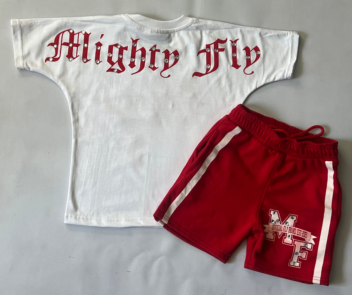 Mighty Fly (MF Rhinestone) Shorts Set Red/White (Kids)