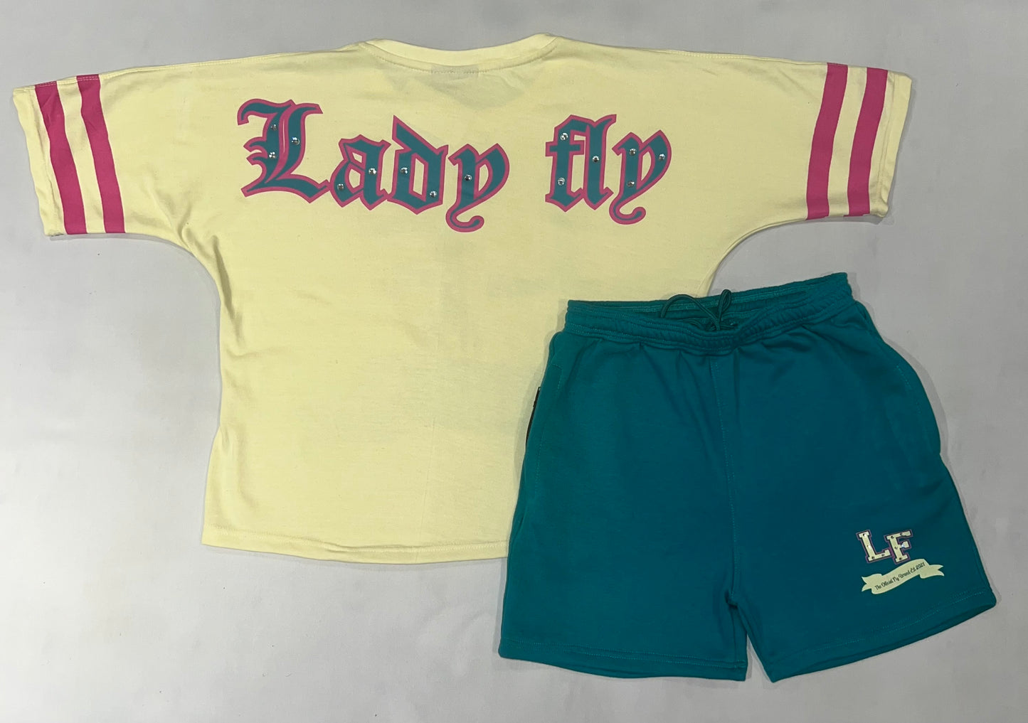 Lady Fly (LF Rhinestone) Shorts Set Cream/Turquoise/Pink