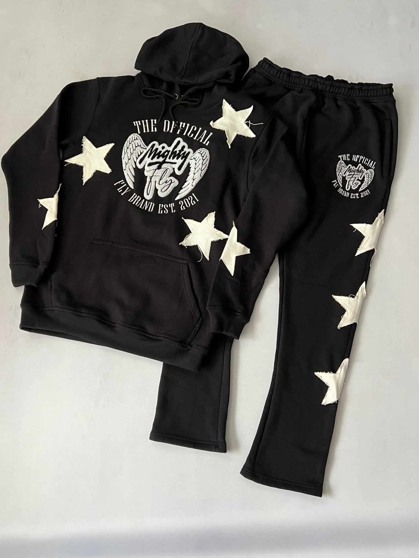 Black & White Mighty Fly Jogging Suit Chenille Logo w/Distressed Stars (Eagle Design)