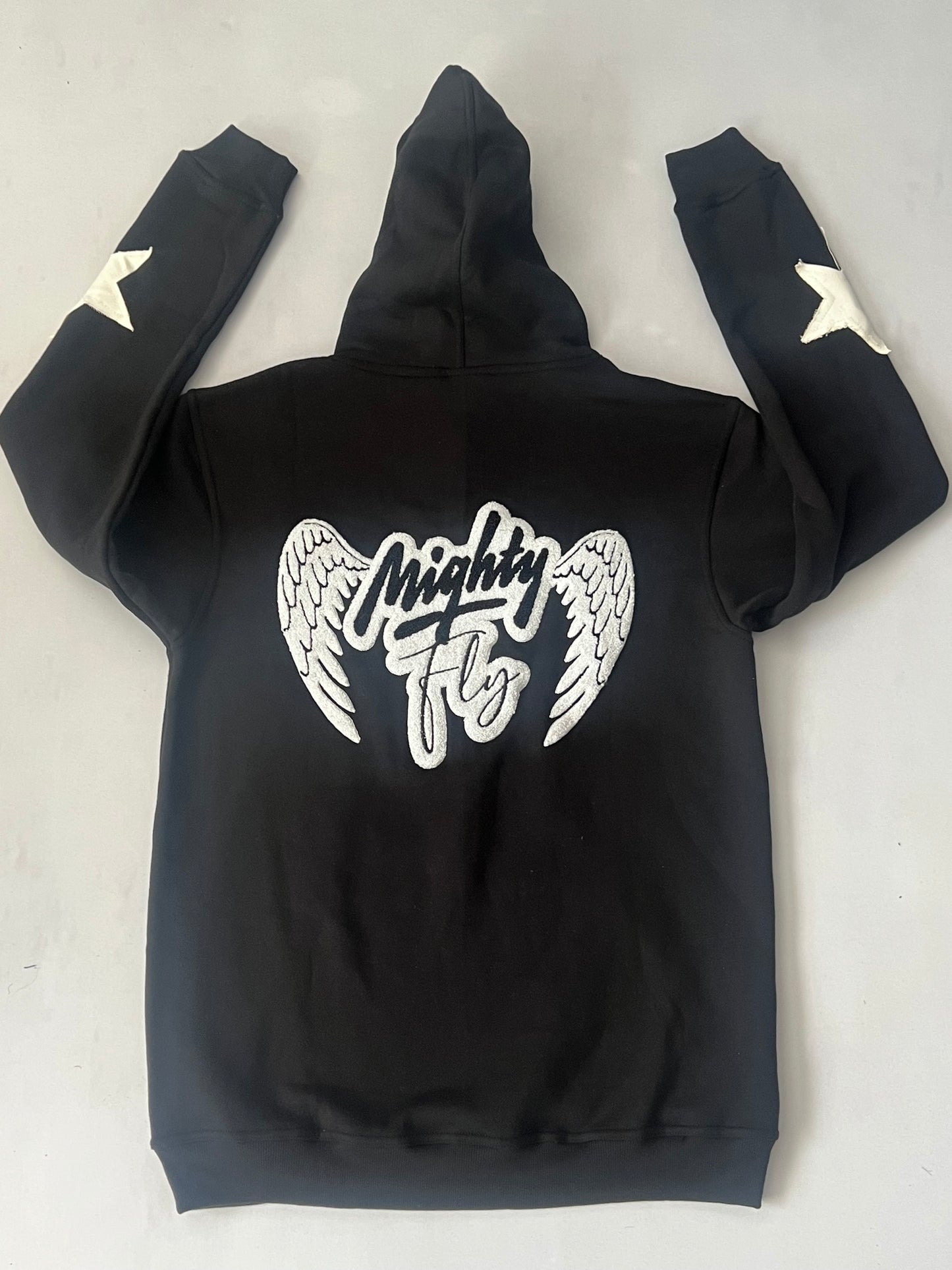 Black & White Mighty Fly Jogging Suit Chenille Logo w/Distressed Stars (Eagle Design)