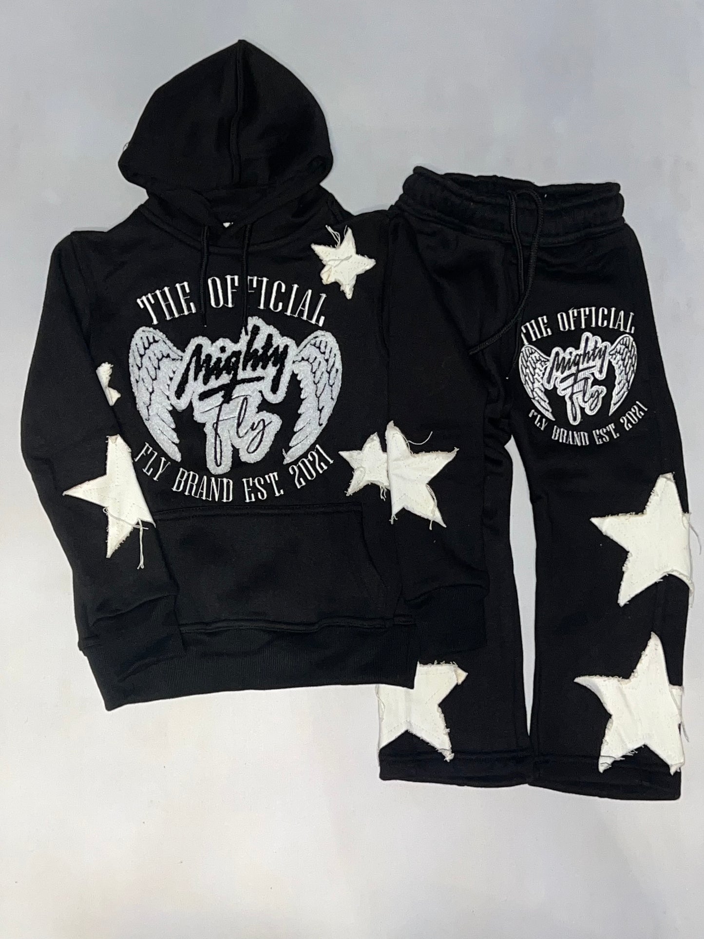 Black & White Mighty Fly Jogging Suit Chenille Logo w/Distressed Stars (Eagle Design) (Kids)