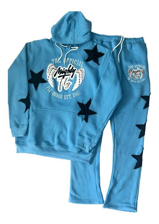 Baby Blue & white Mighty Fly Jogging Suit Chenille Logo w/Distressed Stars (Eagle Design)