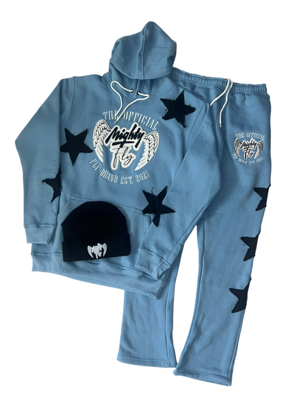 Baby Blue & white Mighty Fly Jogging Suit Chenille Logo w/Distressed Stars (Eagle Design)