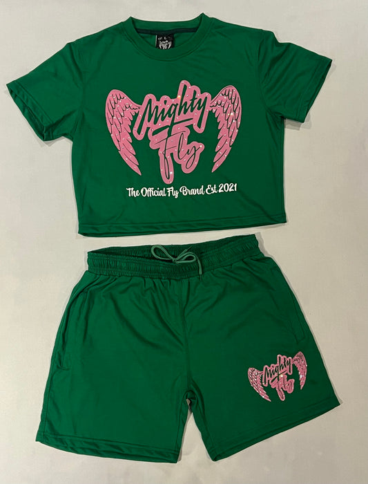 Mighty Fly Ladies Shorts Set Green/w Pink Logo (Eagle Design)