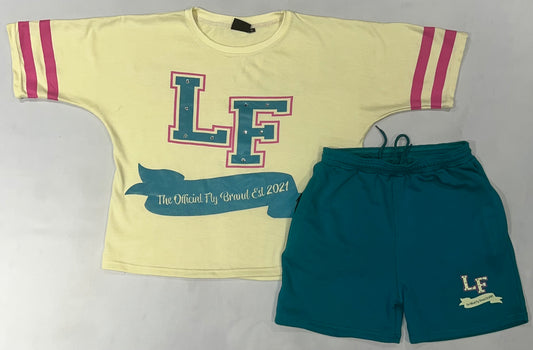 Lady Fly (LF Rhinestone) Shorts Set Cream/Turquoise/Pink