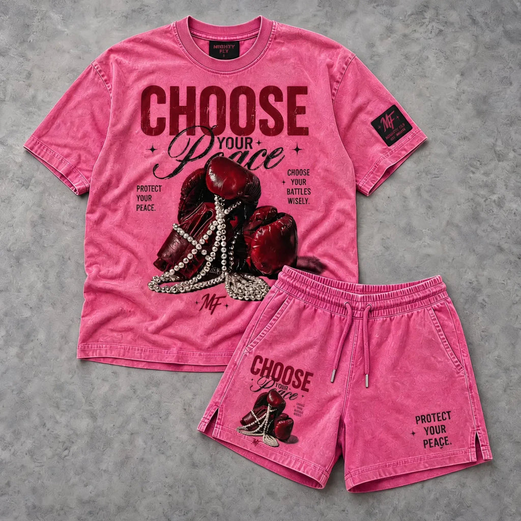 Choose Your Peace boxy tee and shorts set (washed pink)