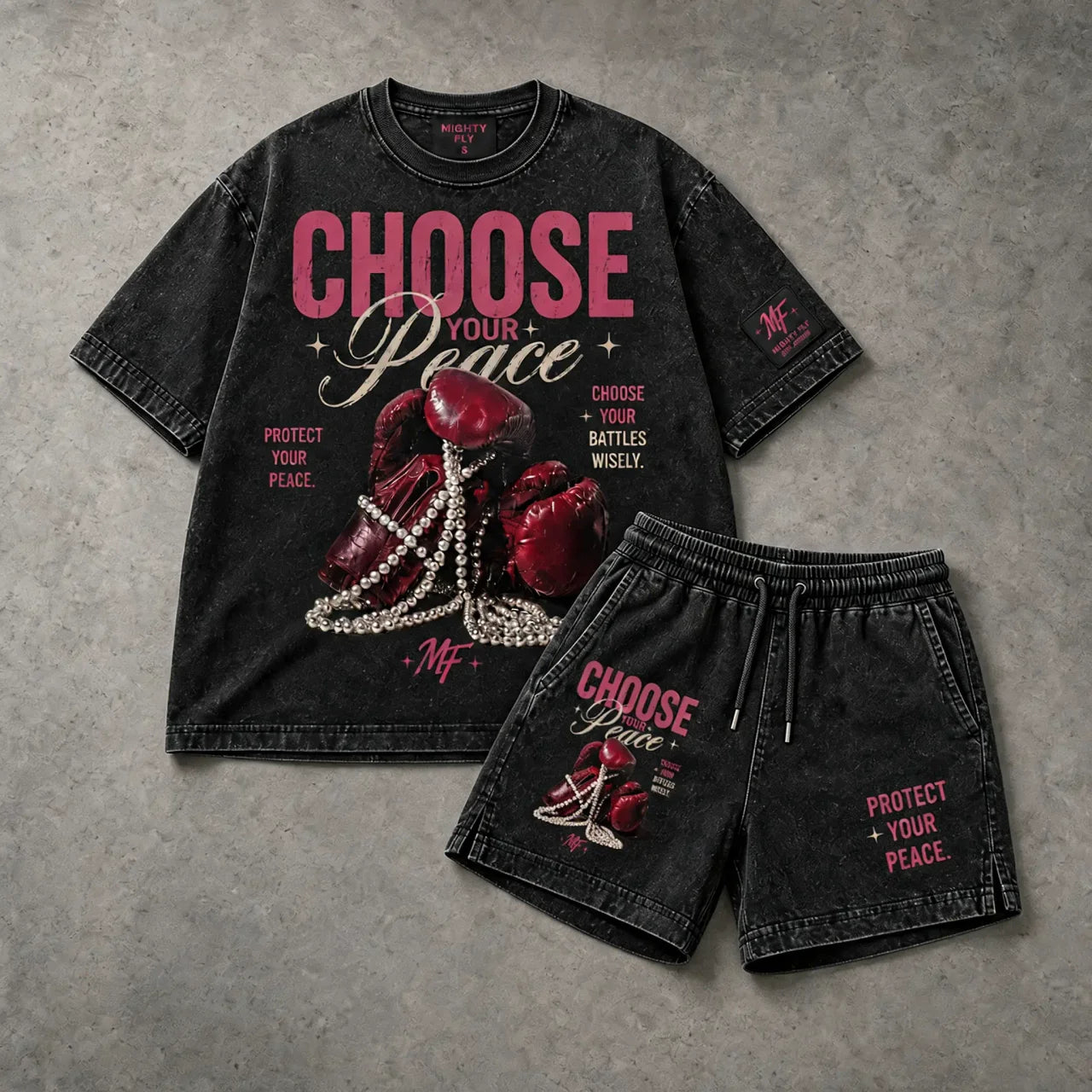 Choose Your Peace boxy tee and shorts set (washed black)