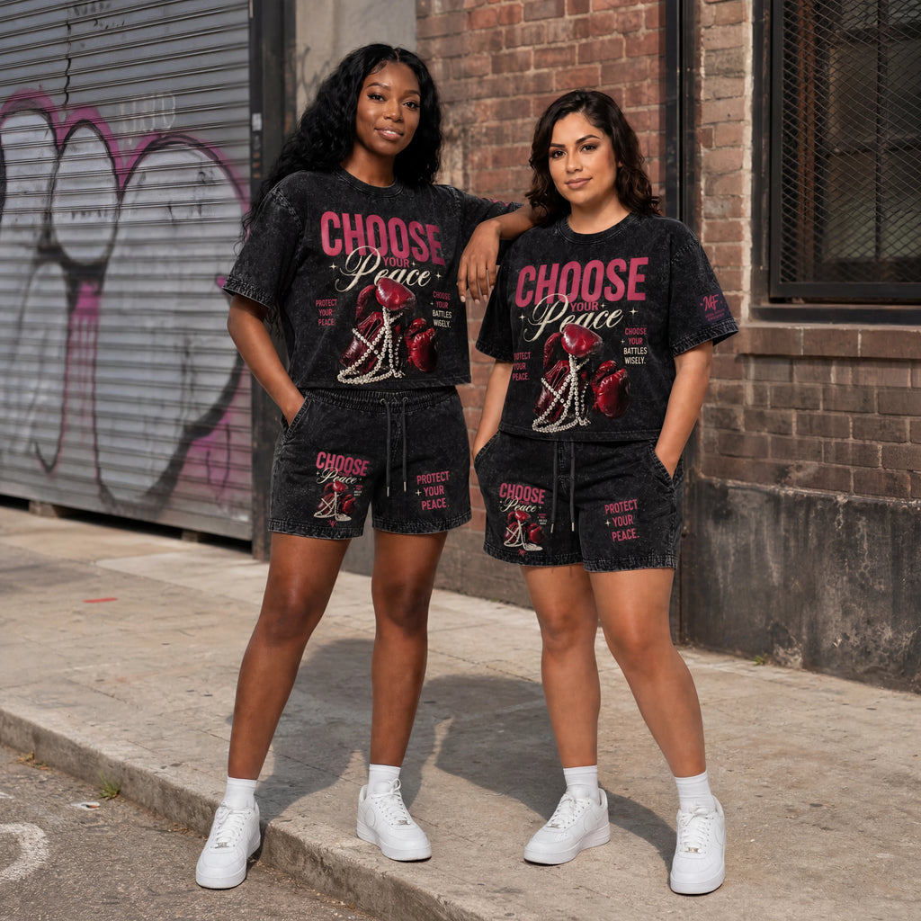 Choose Your Peace boxy tee and shorts set (washed black)