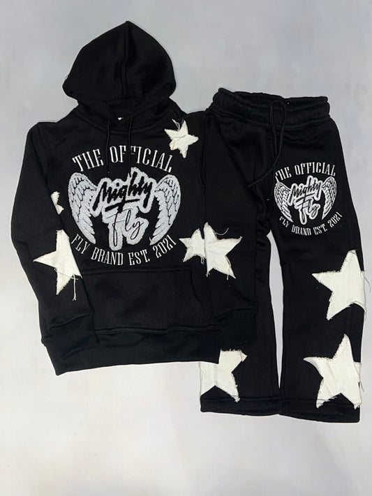 Black & White Mighty Fly Jogging Suit Chenille Logo w/Distressed Stars (Eagle Design) (Kids)